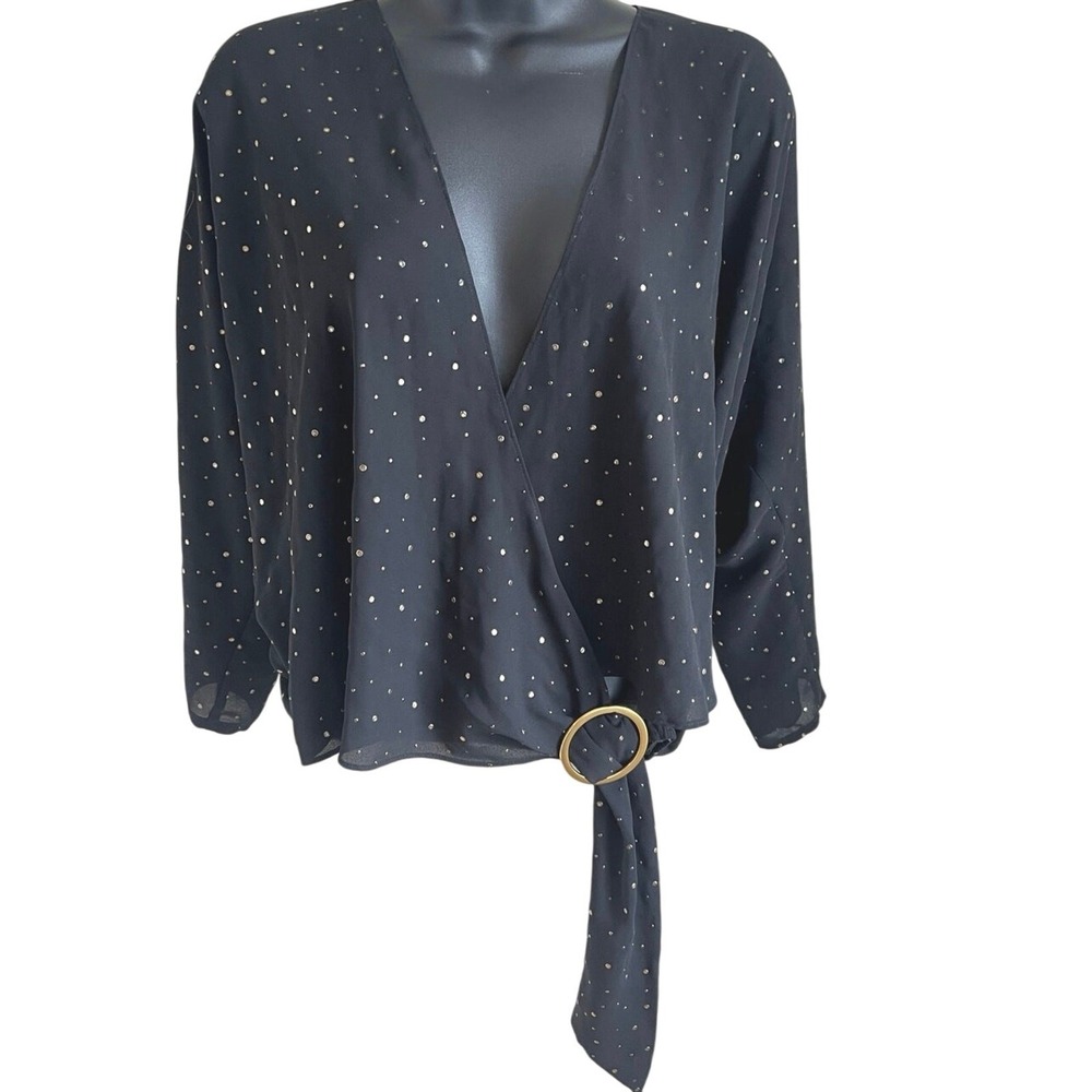 Whimsygoth Black Gold Dot Wrap Blouse Top M V-Neck Tie Waist Express Chic‎